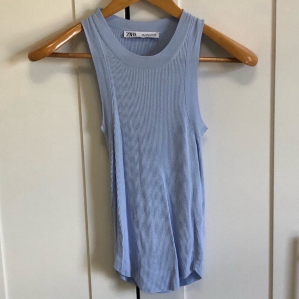 Zara Light Blue Ribbed Cutaway Tank Top